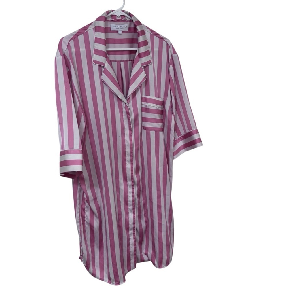 Bed to Brunch Pink white Striped satin Button-Up boyfriend pajama dress L